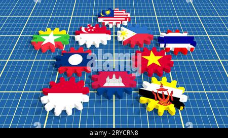 ASEAN-Mitglieder der Gewerkschaft Nationalflaggen auf Zahnräder Stockfoto