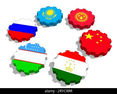 Shanghai Cooperation Organisation Mitglieder Nationalflaggen auf Zahnräder Stockfoto