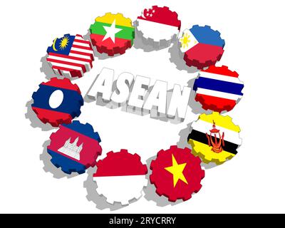 ASEAN-Mitglieder der Gewerkschaft Nationalflaggen auf Zahnräder Stockfoto