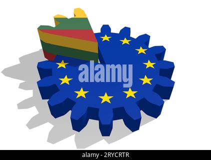 Fahne der Europäischen Union auf dem Zahnrad, Litauen als Teil der Zahnradbahn Stockfoto