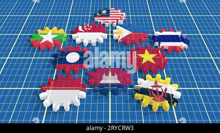 ASEAN-Mitglieder der Gewerkschaft Nationalflaggen auf Zahnräder Stockfoto
