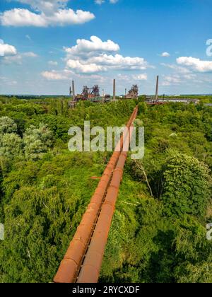 Der Landschaftspark Duisburg Nord, doppelte Hochofengasleitung von Westen Blick über die Wildnis, einem Parkbereich wo die Natur sich selbst überlassen wird, auf das Hüttenwerk, NRW, Deutschland, Landschaftspark *** Duisburg Nordlandschaftspark, Doppelhochofen-Gasleitung von Westen Blick über die Wildnis, ein Parkgebiet, in dem die Natur ihren eigenen Geräten überlassen wird, dem Eisen- und Stahlwerk, NRW, Deutschland, Landscape Park Credit: Imago/Alamy Live News Stockfoto