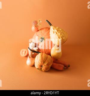 Stillleben von frisch gepflücktem, selbst angebautem Naturgemüse und Früchten in oranger Farbe - Kürbis, Karotte auf gleichfarbigem Hintergrund, Kopierraum. Vegetari Stockfoto