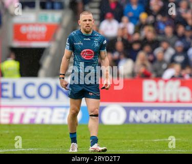 St. Helens, Großbritannien. September 2023 30. Matt Dufty #1 der Warrington Wolves während des Betfred Super League Eliminator Matches St Helens vs Warrington Wolves im Totally Wicked Stadium, St Helens, Großbritannien, 30. September 2023 (Foto: Steve Flynn/News Images) in St Helens, Großbritannien am 30. September 2023. (Foto von Steve Flynn/News Images/SIPA USA) Credit: SIPA USA/Alamy Live News Stockfoto