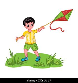 Ein Junge fliegt einen Drachen auf einem grünen Rasen. Vektorillustration zu einem Kinderthema. Grußkarten, Einladungen, thematische Banner, Buchillustrationen. Stock Vektor