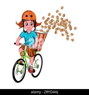 Mädchen auf dem Fahrrad mit Popcorn. Vektorillustration zu einem Kinderthema. Grußkarten, Einladungen, Poster, Banner, Buchillustrationen. Stock Vektor