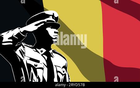 Silhouette eines Soldaten mit belgischer Flagge im Hintergrund. Army Day-Konzept Stock Vektor