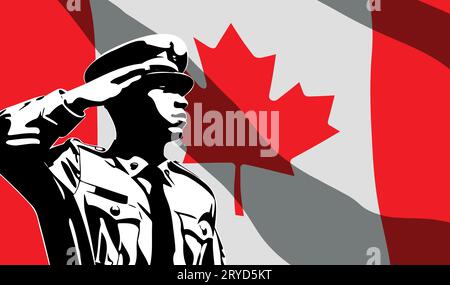 Silhouette eines Soldaten mit kanadischer Flagge auf dem Hintergrund. Army Day-Konzept Stock Vektor