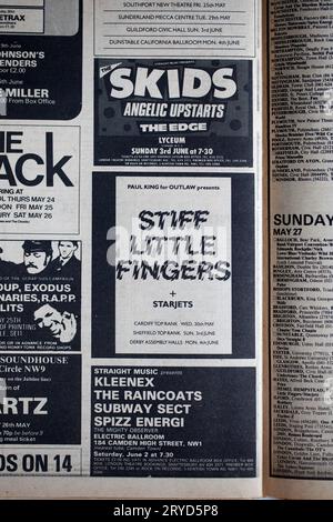 Werbung für Konzerte in der 1970er-Ausgabe des NME New Musical Express Music Paper Stockfoto