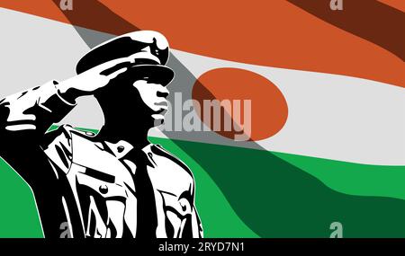 Silhouette eines Soldaten mit Niger-Flagge auf dem Hintergrund. Army Day-Konzept Stock Vektor