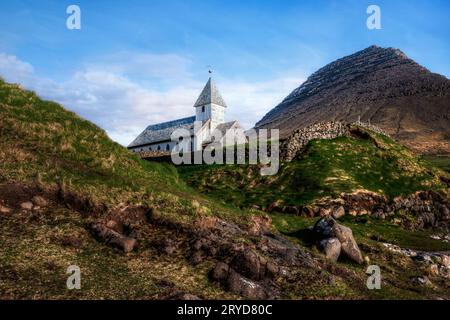 Vidareidi ist die nördlichste Siedlung der Färöer, die sich auf der Insel Vidoy befindet. Stockfoto