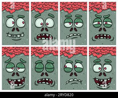 Zombie-Gesicht-Zeichentrick-Ausdrucksset. Design-Set für Tapeten, Cover, Etiketten und Verpackungen. Vektorillustration. Stock Vektor