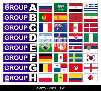 Flaggen von Ländern in den Gruppen des Fußballs, Cup in Russland. Stockfoto
