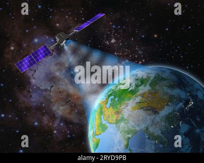 Satelliten sendet ein Signal Stockfoto