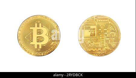 Gold Bitcoin physische Münze isoliert auf weiß Stockfoto