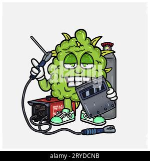 Weedbud Hält Weld Machine Cartoon. Für Mascot Logo, T-Shirt Design, Business, Cover, Label und Verpackungsprodukt. Vektor und Illustrationen Stock Vektor