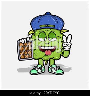 Weed Bud Mascot Cartoon Mit Keksen. Für Mascot Logo, T-Shirt Design, Business, Cover, Label und Verpackungsprodukt. Vektor und Illustration. Stock Vektor