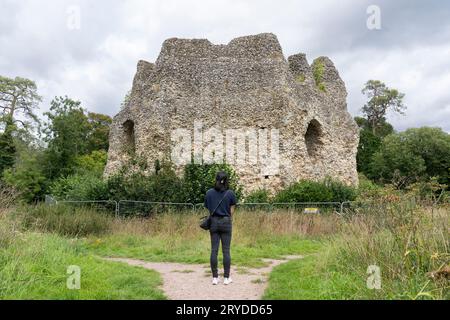 Ein Besucher, der die Ruine des Donjons und den Kern des Feuersteins von Odiham Castle, auch bekannt als King John's Castle, in der Nähe des Basingstoke Canal in Hampshire, England, besichtigt Stockfoto