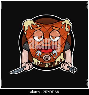 Maskottchen-Cartoon aus Steak mit hungrigem Gesicht, Messer und Gabel haltend. Kreisförmiges Logo und frei bearbeitbar. Vektorgrafiken Stock Vektor