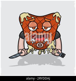 Maskottchen-Cartoon aus Steak mit hungrigem Gesicht, Messer und Gabel haltend. Frei Bearbeitbar. Vektorgrafiken Stock Vektor