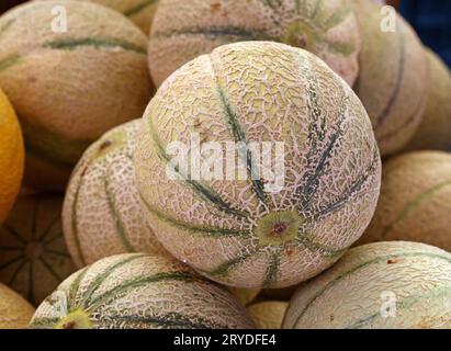 Nahaufnahme frischer Melonen in der Einzelhandelsausstellung Stockfoto