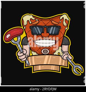 Maskottchen-Cartoon von Fleischsteak mit Fleisch und Gabeln. Mit Leerem Zeichen. Logo für Food, Meat, Barbeque und Beef. Vektorgrafiken Stock Vektor