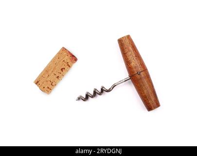 Weinflaschenöffner und Kork isoliert Stockfoto
