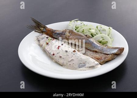 Anteil gesalzener Heringsfilets mit Zwiebeln Stockfoto