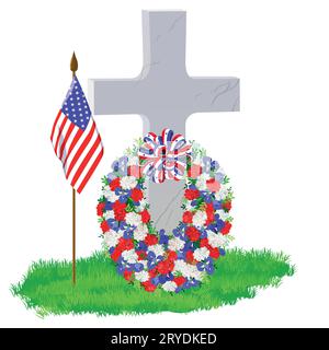 Weißer Marmorgrabstein in Form eines Kreuzes auf grünem Gras. Kranz aus weißen, blauen und roten Blumen. Am Memorial Day ziert eine amerikanische Flagge den Gra Stock Vektor