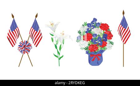 US-Fahnen, Lilien, gestreiftes Band, ein Blumenstrauß aus roten, blauen und weißen Blumen. Vektor-Set von Elementen für die Gestaltung von Gedenkkarten für das Memor Stock Vektor