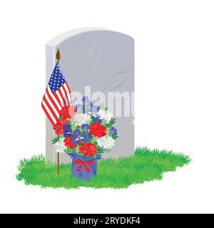 Ein weißer Marmorgrabstein auf dem grünen Gras. Ein Strauß weißer, blauer und roter Blumen. Eine amerikanische Flagge ziert das Grab am Memorial Day. Vektorillust Stock Vektor