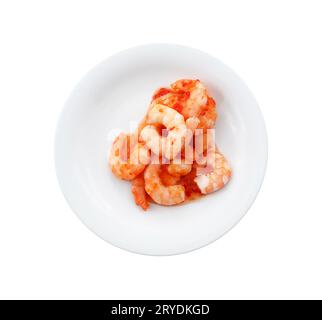 Eine Portion Garnelen mit Chilisauce auf dem Teller Stockfoto