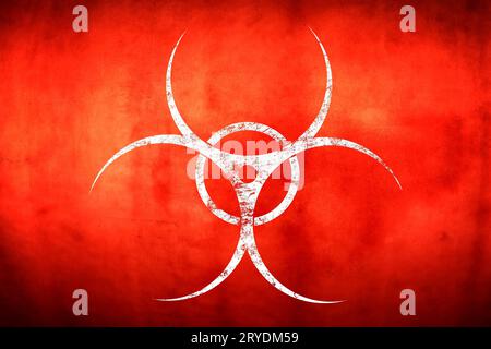 Weißes Biohazard-Schild auf rotem Hintergrund Stockfoto