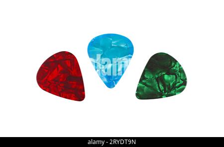 Drei bunte Gitarrenpicks, isoliert auf weiß Stockfoto