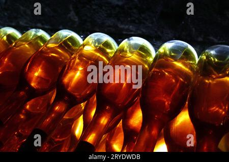 Reihen hinterleuchteter Weinflaschen im Weinkeller Stockfoto