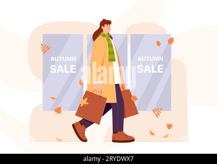 Herbstverkäufe, Banner Design Vorlage Vektor Illustration. Cartoon-Mädchen zu Fuß, um Geschenke und Geschenke mit Rabattangebot im Geschäft zu kaufen, Person mit Einkaufstaschen, Ladenwerbung in der Weihnachtszeit Stock Vektor