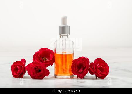 Parfümiertes Rosenwasser in Glasflasche und kleine rote Rosen mit Blütenblättern Stockfoto
