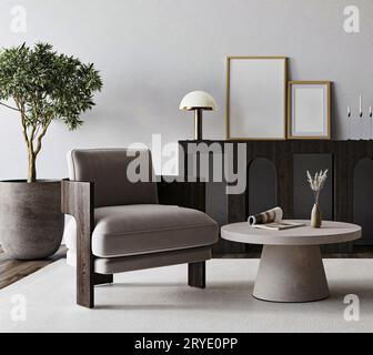 Boho beige Wohnzimmer mit Sessel, Baum und grauer Wand Hintergrund. Helles, modernes japanisches Naturpanorama. 3D-Rendering-Modell. Hohe Qualität 3D Stockfoto