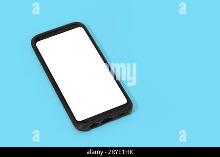Smartphone mit weißem Bildschirm auf blauem Hintergrund Stockfoto