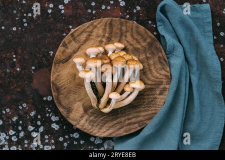 Wunderschöne köstliche Pilze auf einem Holzteller mit einer blauen Serviette. Armillaria mellea, Honigpilz oder Honigagarika. Schöner Pilzhintergrund. T Stockfoto