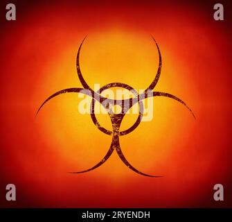 Rotes Biohazard-Schild auf gelbem Hintergrund Stockfoto