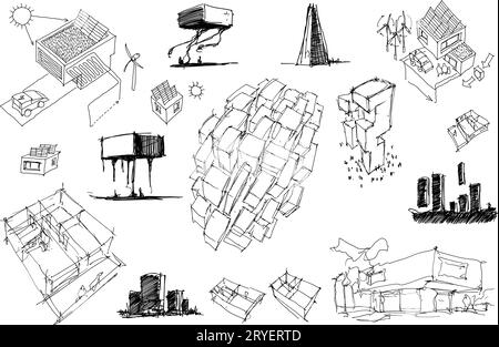 Viele architektonische Skizzen einer modernen Architektur und Häuser Stockfoto