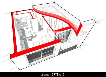 Perspektivisches Schnittdiagramm eines 1-Schlafzimmer-Apartments, komplett eingerichtet mit Flachdach-Cutaway o Stockfoto