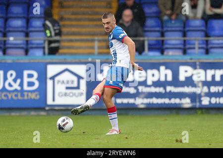 Zak Johnson von Hartlepool United während des Spiels der Vanarama National League zwischen Hartlepool United und Dorking Wanderers im Victoria Park, Hartlepool am Samstag, den 30. September 2023. (Foto: Mark Fletcher | MI News) Credit: MI News & Sport /Alamy Live News Stockfoto