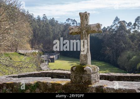 Altes geschnitztes Steinkreuz an der Wand und Wald im Hintergrund. Galicien, Spanien Stockfoto