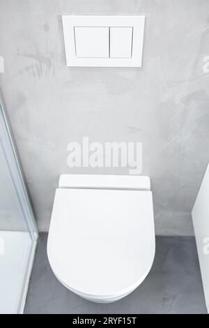 Wandmontage oder abgehängte Toilette oder WC im heimischen Badezimmer Mit Drucktaste bündig Stockfoto