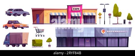 Designelemente für Supermarkt-Parkplätze auf weißem Hintergrund. Vektor-Zeichentrickillustration von großem Einkaufszentrum und Café, Retro-Autos und truc Stock Vektor