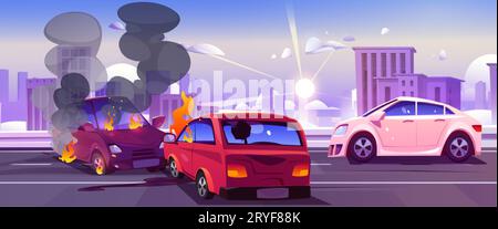 Autounfall auf der Straße in der Stadt - Frontalaufprall zwischen zwei Autos auf der Straße mit der Skyline der Stadt. Beschädigte Fahrzeuge mit Feuer und Rauch. Comic VE Stock Vektor
