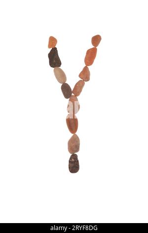 Y-Schriftart mit Steinen, Zeichen der Natur, Stärke, Stabilität und Langlebigkeit. Aufmerksamkeit, die zufällige Muster, Linien, Formen, weißen Hintergrund aufträgt Stockfoto