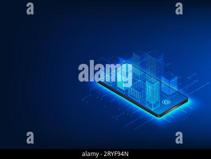 Smartphone-Technologie, die Gebäude auf einem mobilen Bildschirm anzeigt. Die Smartphone-Technologie macht es den Bewohnern intelligenter Städte leichter Stock Vektor